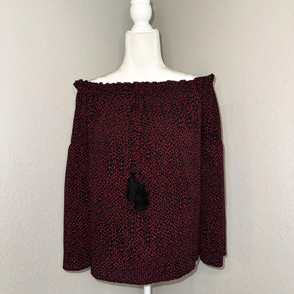 MICHAEL Michael Kors Off Shoulder Tassel Neck Bell Sleeve Blouse Red/Black Sz XS
